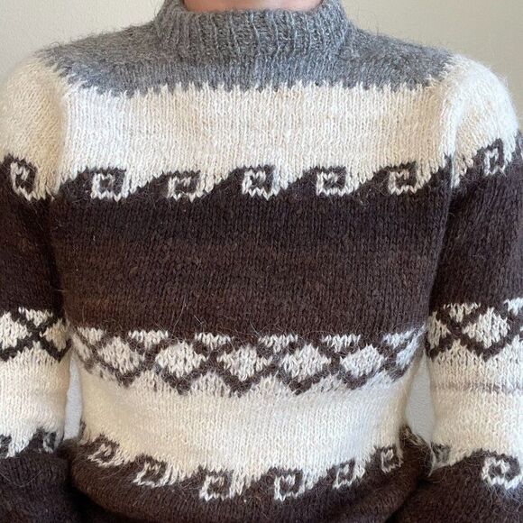 Vintage Hand Knit Neutral Brown Alpaca Geometric Crewneck Retro Sweater Sz M - Picture 6 of 9